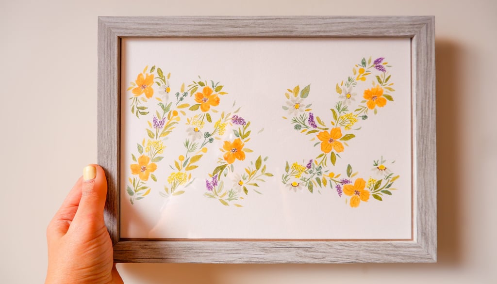Framed watercolor floral painting of initials by NYC live event artist Handwritten by Belle.