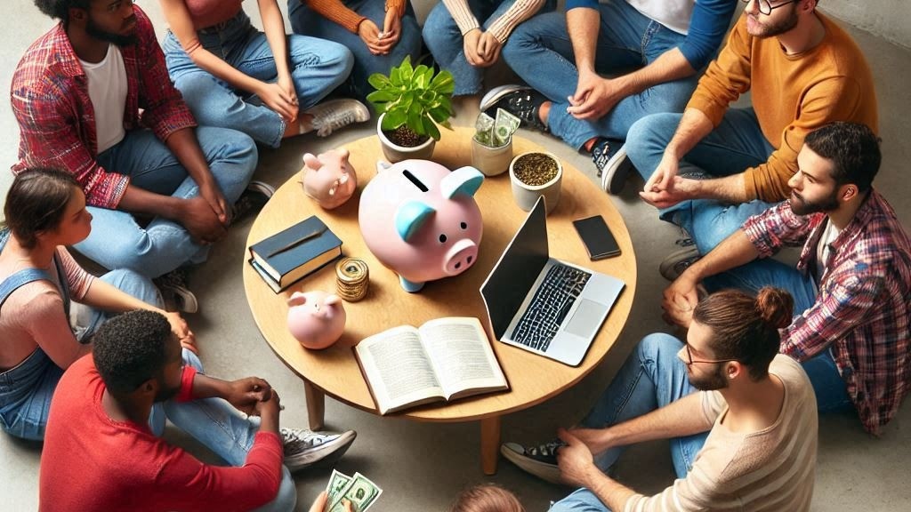 imagem mostra um grupo de jovens reunidos em volta de uma mesa, sentados no chão.