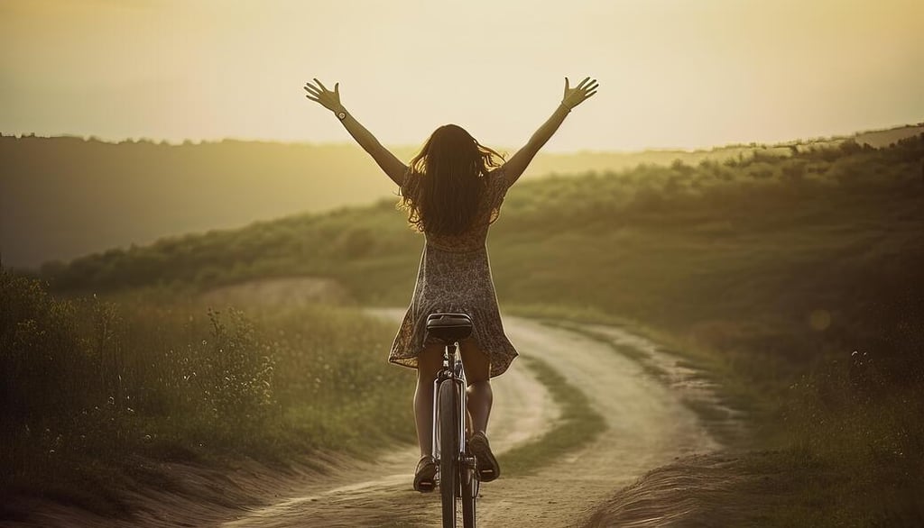 jovem andando de bicicleta em uma estrada rural ..