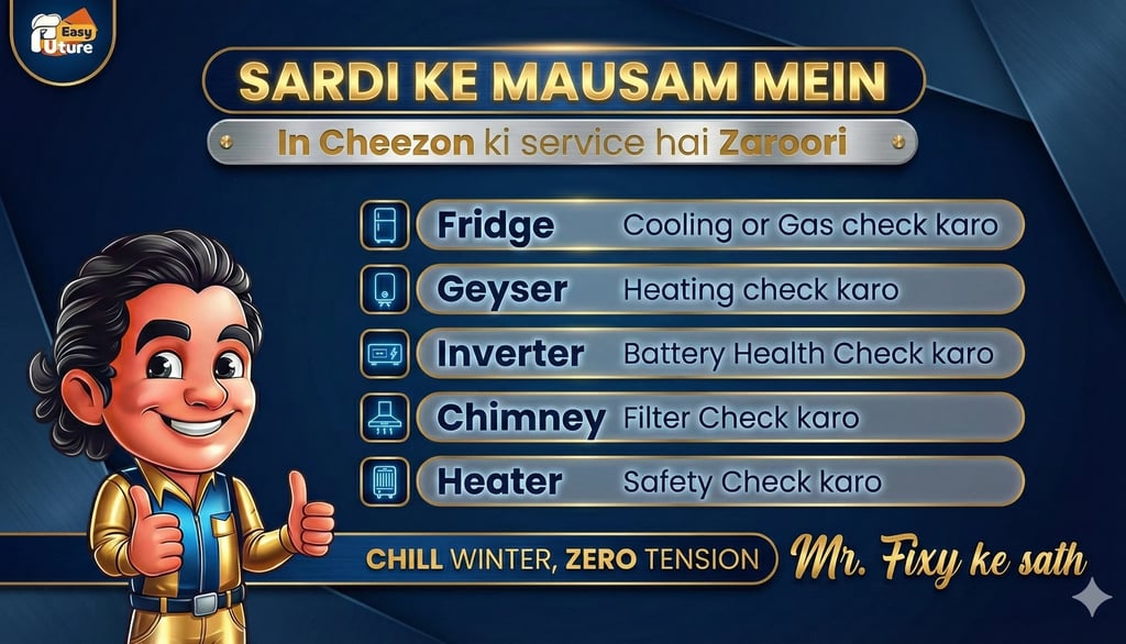 Winter appliance repair service checklist banner featuring Mr. Fixy, listing maintenance for fridges