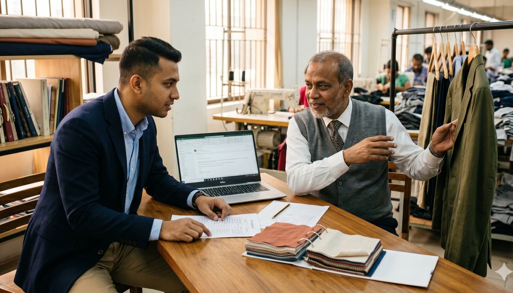 How to vet a clothing manufacturer India — brand founder conducting due diligence meeting with Indian garment manufacturer