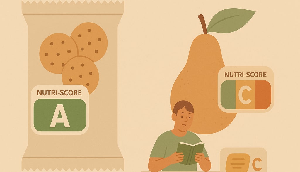 persona confundida con la calificación del Nutri-score al ver galletas nota A
