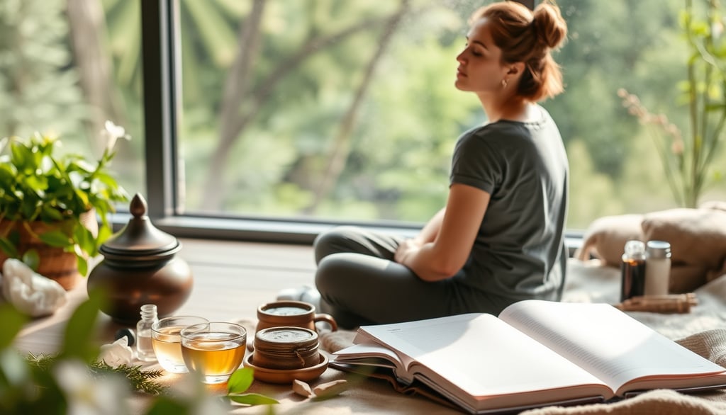 a woman sitting on a bed with a book and a cup of coffee