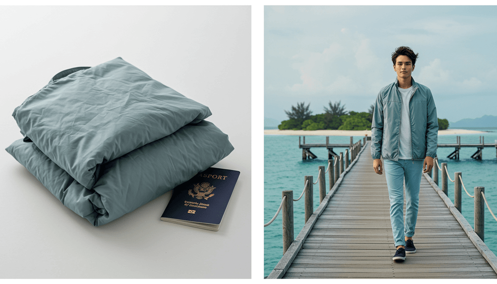 Traveler with adaptable travel gear for tropical destinations like Greece and Mexico
