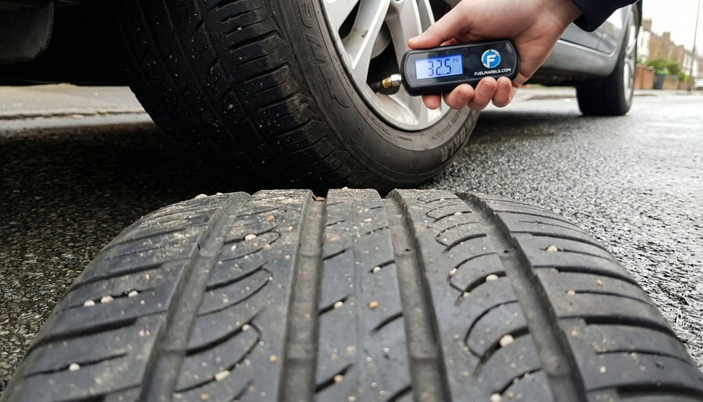 Checking tyre pressure with digital gauge on UK car tyre — underinflation causes higher fuel consumption