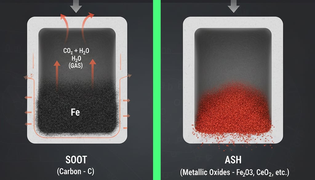 Diagram explaining burnable carbon soot versus permanent metallic ash accumulation in a DPF filter.