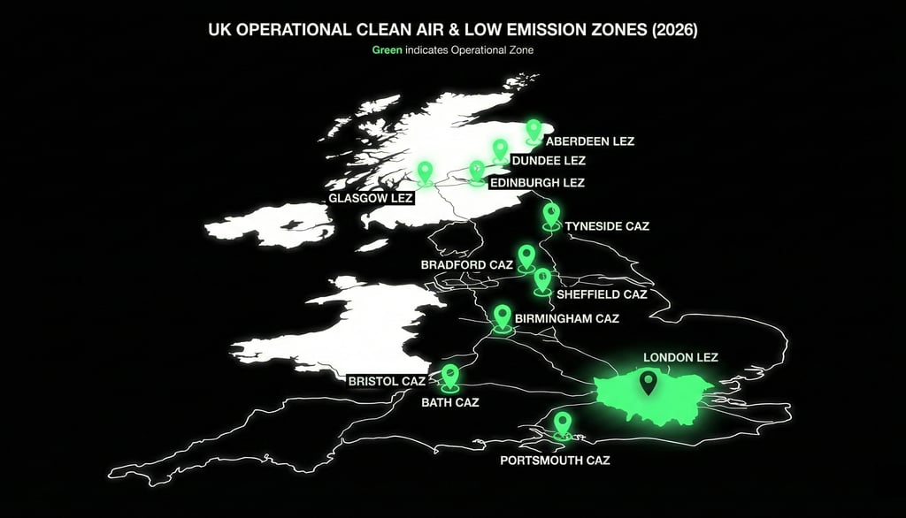 UK map highlighting operational Clean Air Zones and Low Emission Zones enforcing Euro VI compliance for heavy vehicles.