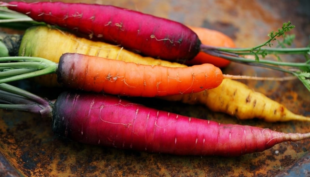 a bunch of purple, yellow and orange carrots are sitting on a plate