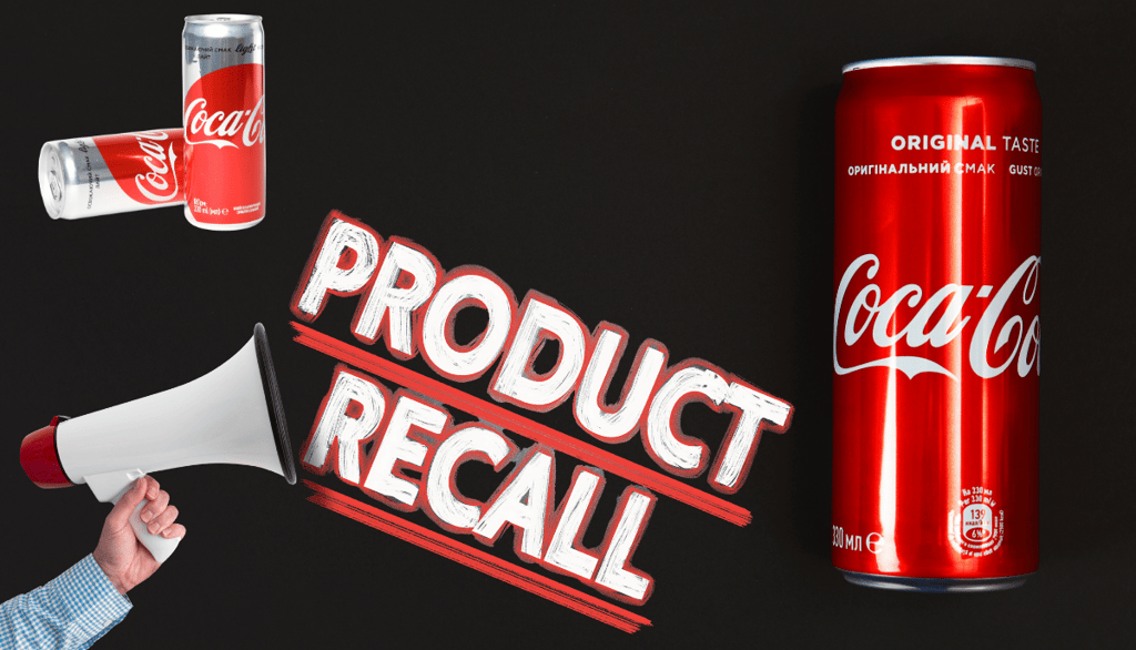 Coca-Cola can next to a megaphone and bold text reading ‘Product Recall’ — concept image for FDA recall of Coca-Cola sodas in