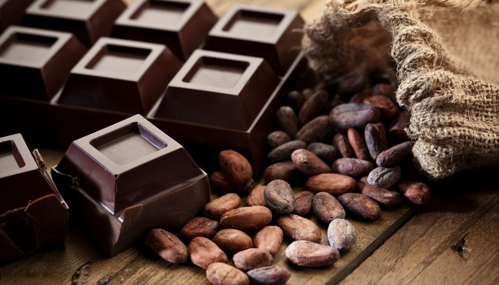 a bunch cocoa beans and chocolates on a table