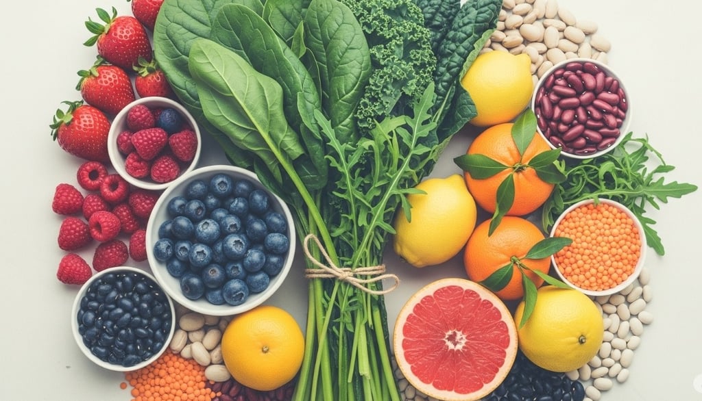 Flat-lay of foods for vein health: colorful berries, leafy greens, citrus fruits, and beans.