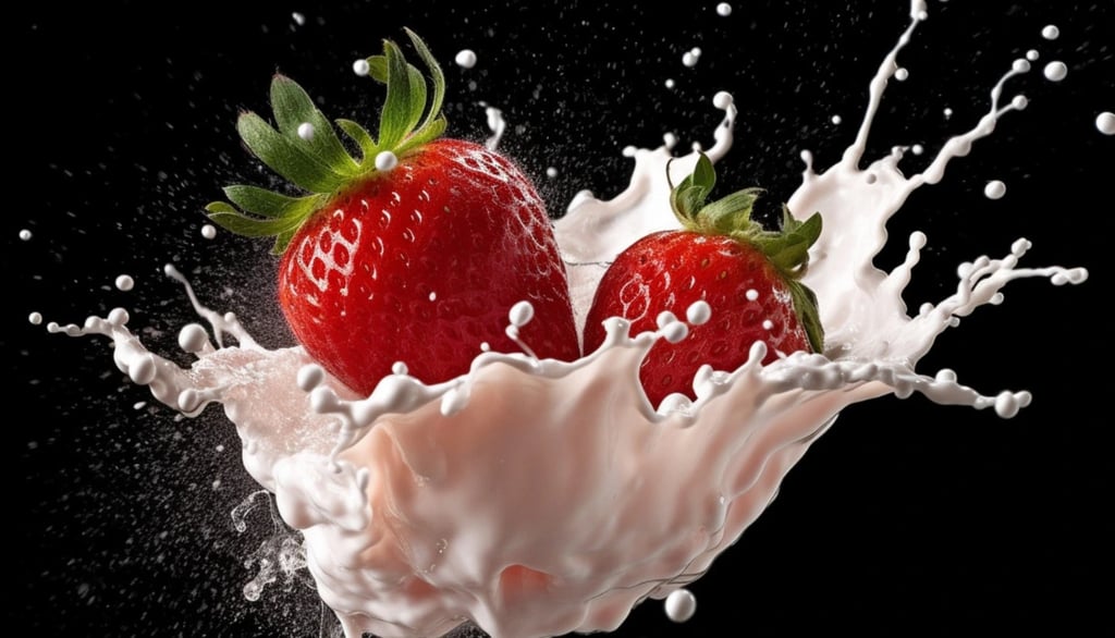Deux fraises fraîches plongeant dans un splash de lait sur fond noir