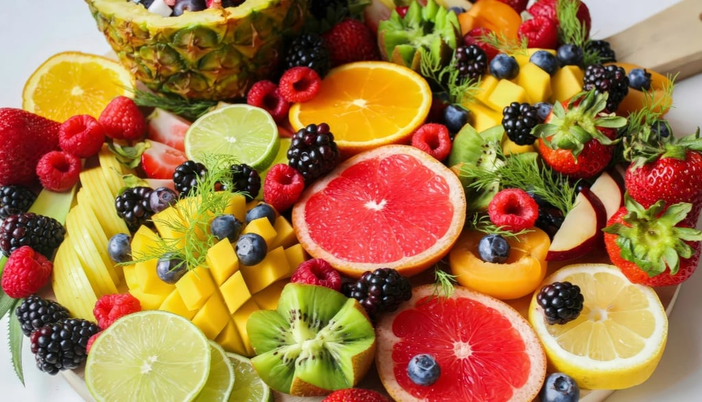 Bodegón colorido de frutas tropicales y de temporada dispuestas en una fuente de madera para una alimentación saludable