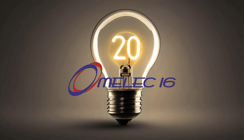 Bannière avec une ampoule et inscrit 20 ans Omelec 16
