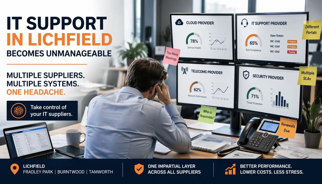 multiple IT systems and dashboards representing unmanageable IT support and multiple suppliers in Lichfield