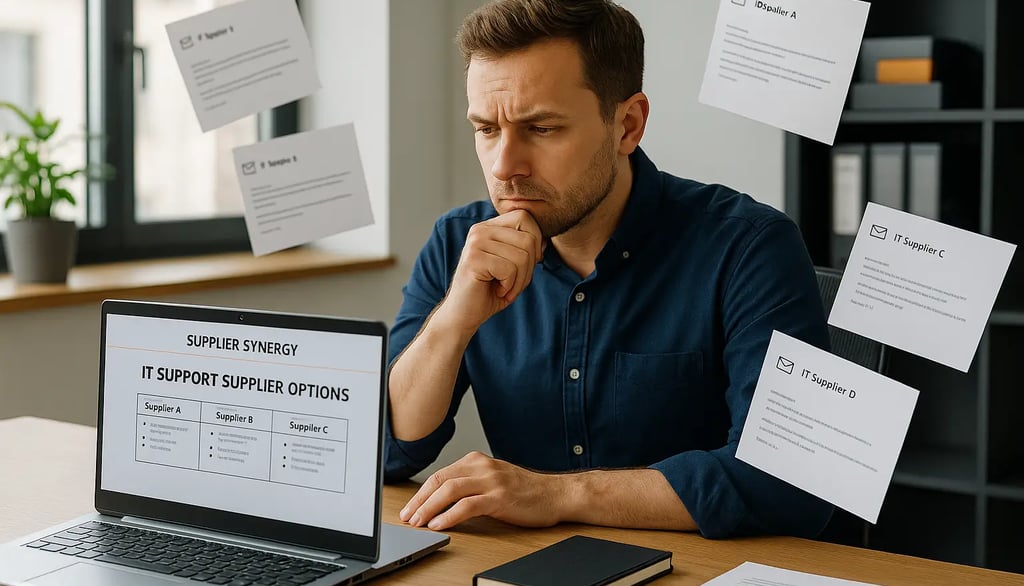 UK IT manager surrounded by supplier emails, finding clarity with Supplier Synergy
