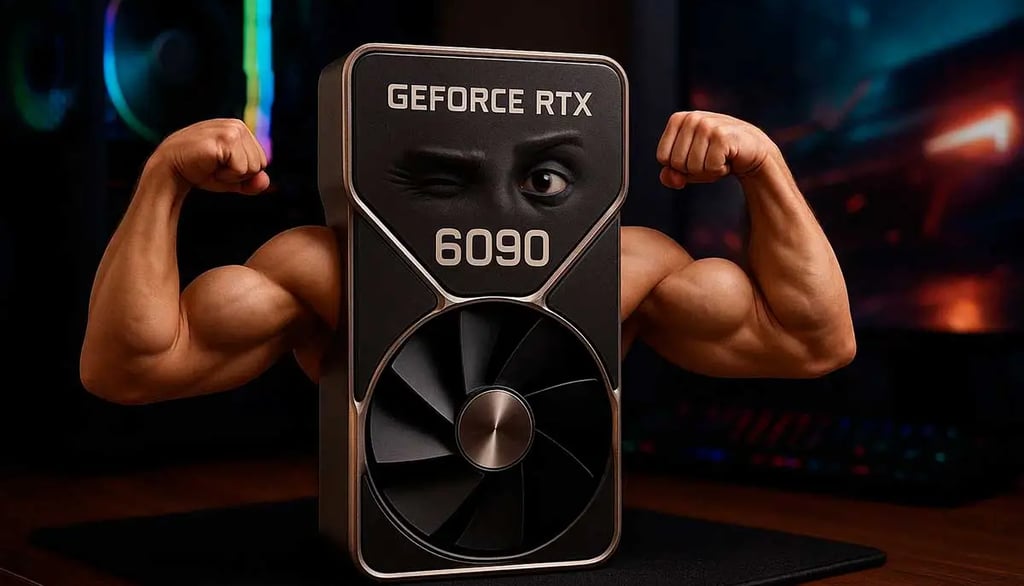 UN DISEÑO DE ia CON UNA PLACA DE VIDEO MOSTRANDO UNA SIMULACION DE QUE LE SALE POR LOS COSTADOS BRASOS MOSTRANDO SUS MUSCULOS