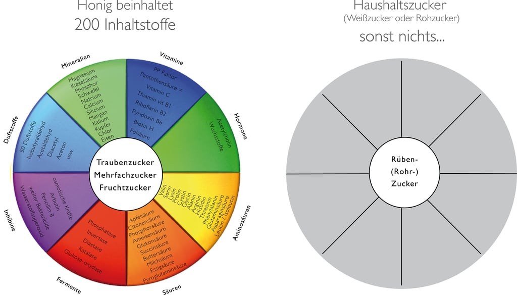 Aufgliederung der Inhaltstoffe Honig vs. Haushaltszucker