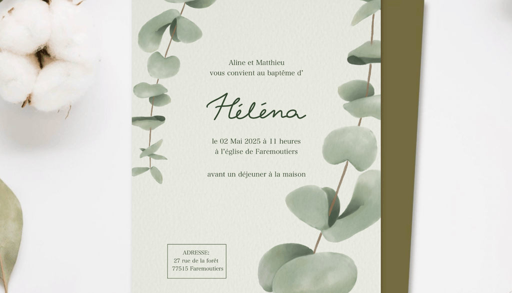 Faire part avec dessin de feuilles d’eucalyptus 