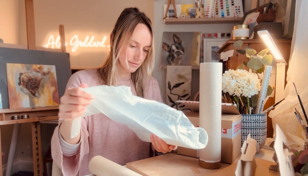 Alex working in her studio wrapping print order for shipping
