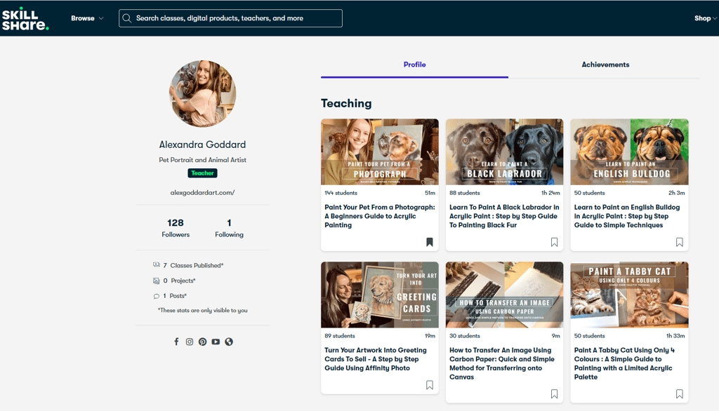 A snapshot showing the homepage of Alex Goddard's Skillshare account where she teaches painting 