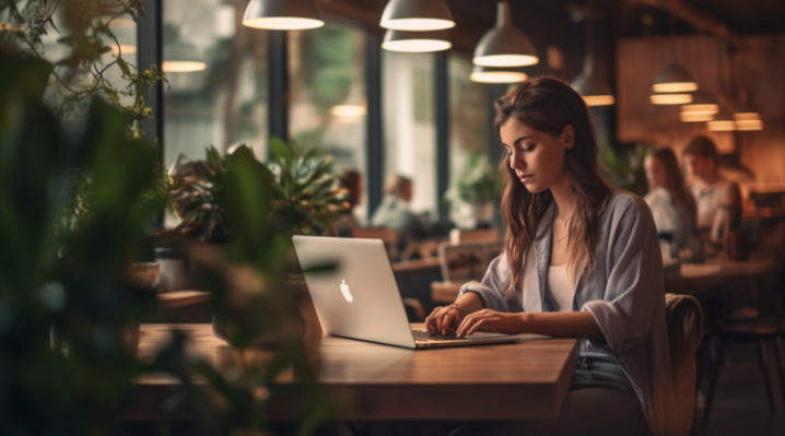 Midjourney created image: a woman sitting at a table with a laptop computer