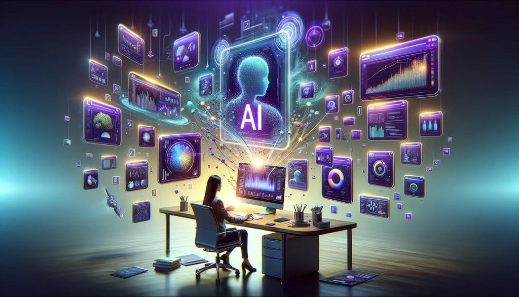 DALL-E created image: a woman sitting at a desk with a laptop and screens are in the air