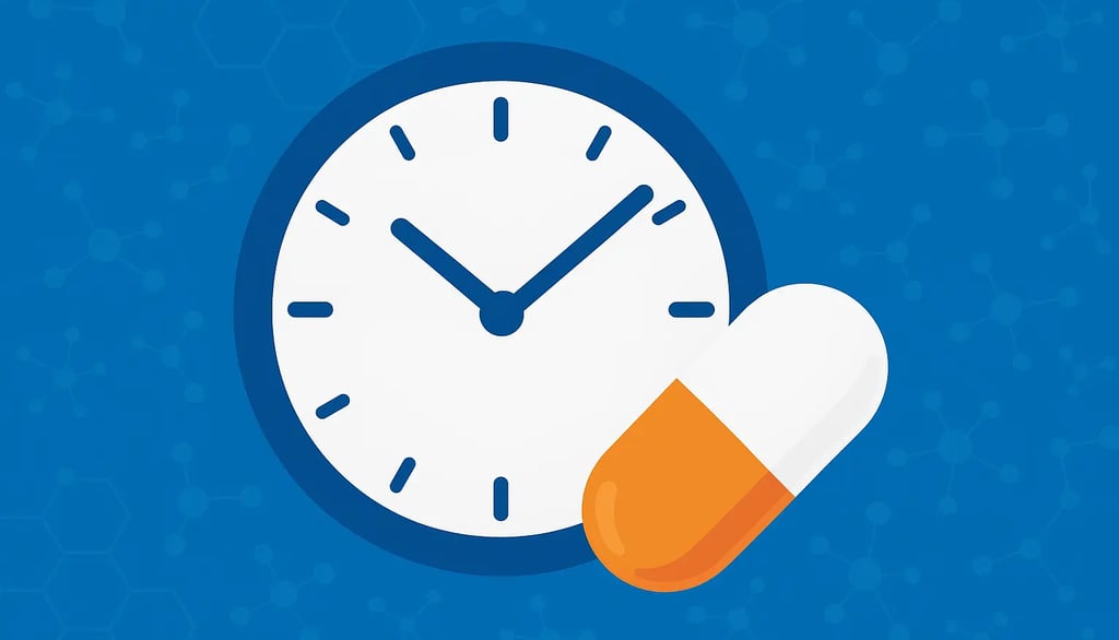 Illustration of a clock and ibuprofen pill symbolizing timing of medication effects