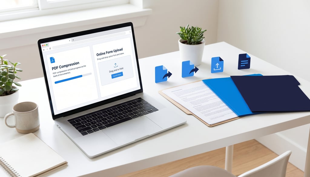 Person reducing PDF size for online forms on a laptop before uploading documents