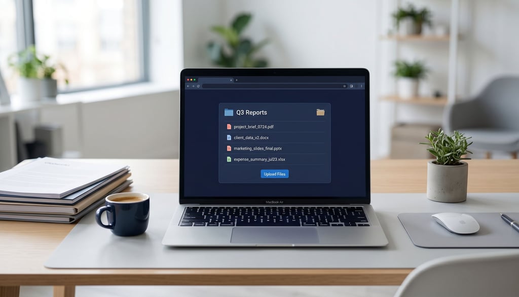 Laptop screen showing a clean file upload folder with renamed documents ready for an online form.