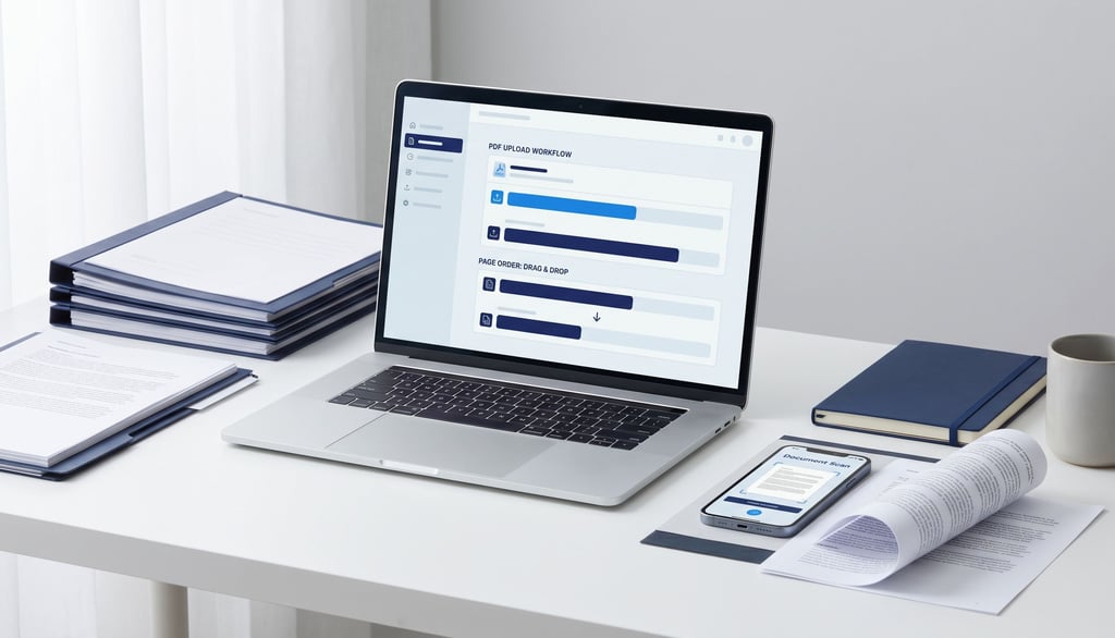 Laptop showing scanned document pages being organized into one PDF for an online form upload.