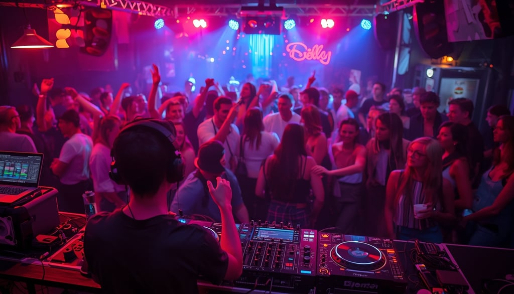 DJ tocando em after party com pista cheia e iluminação noturna moderna