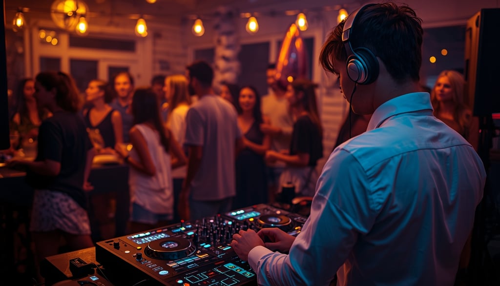 DJ tocando em festa de aniversário privada com convidados dançando em ambiente intimista
