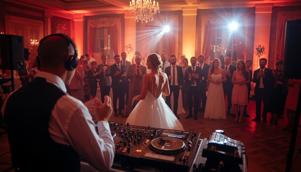 DJ tocando em casamento no Porto com noivos dançando e convidados ao redor