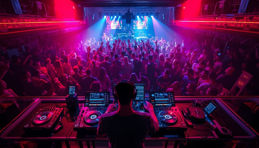 DJ tocando em clube com pista cheia, luzes neon e público animado