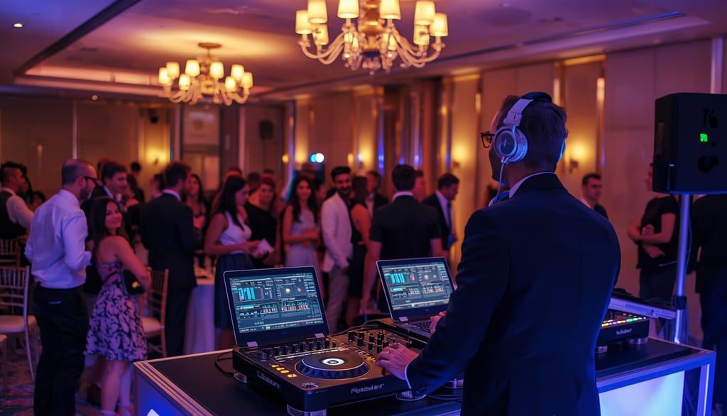 DJ tocando em evento corporativo com ambiente elegante e convidados interagindo