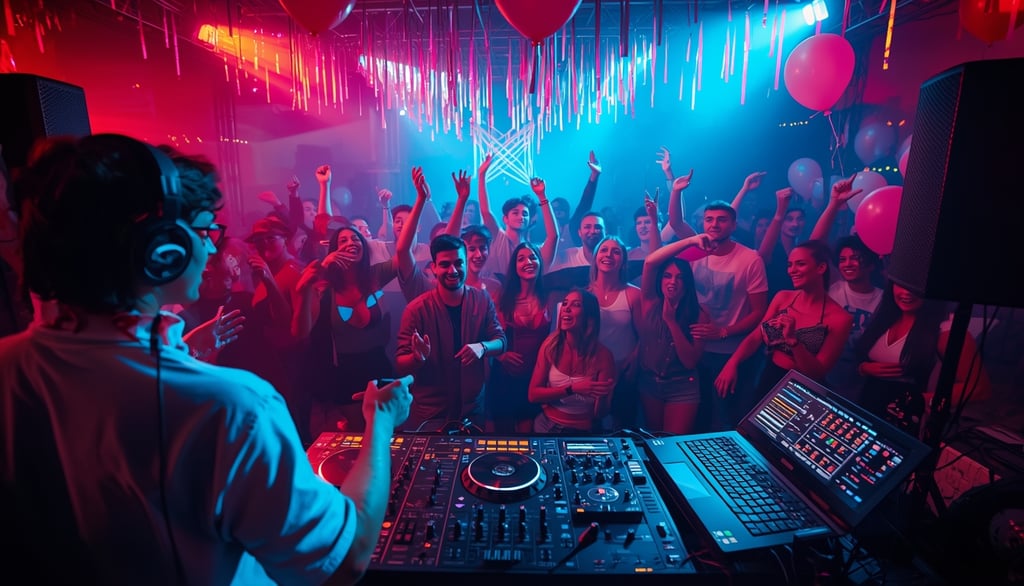 DJ tocando em festa de 15 anos com jovens dançando e iluminação colorida