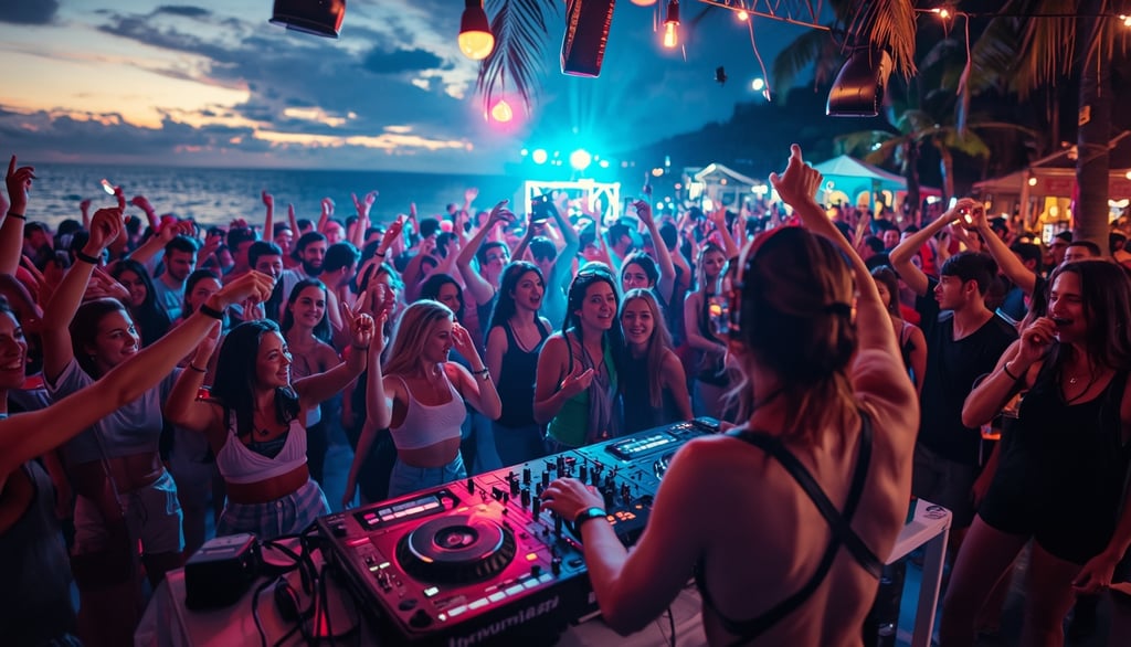 DJ animando festa universitária na praia com jovens dançando, luzes coloridas e energia alta
