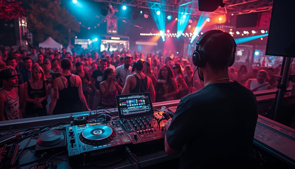 DJ tocando em festa no Porto com público dançando em evento noturno