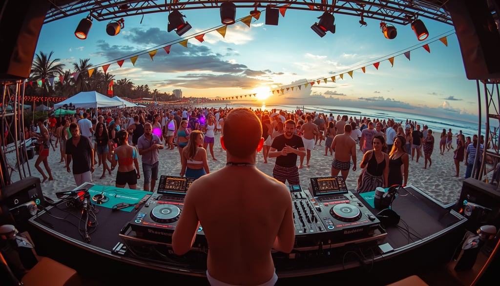 DJ profissional animando festa de verão na praia com pista cheia e iluminação colorida