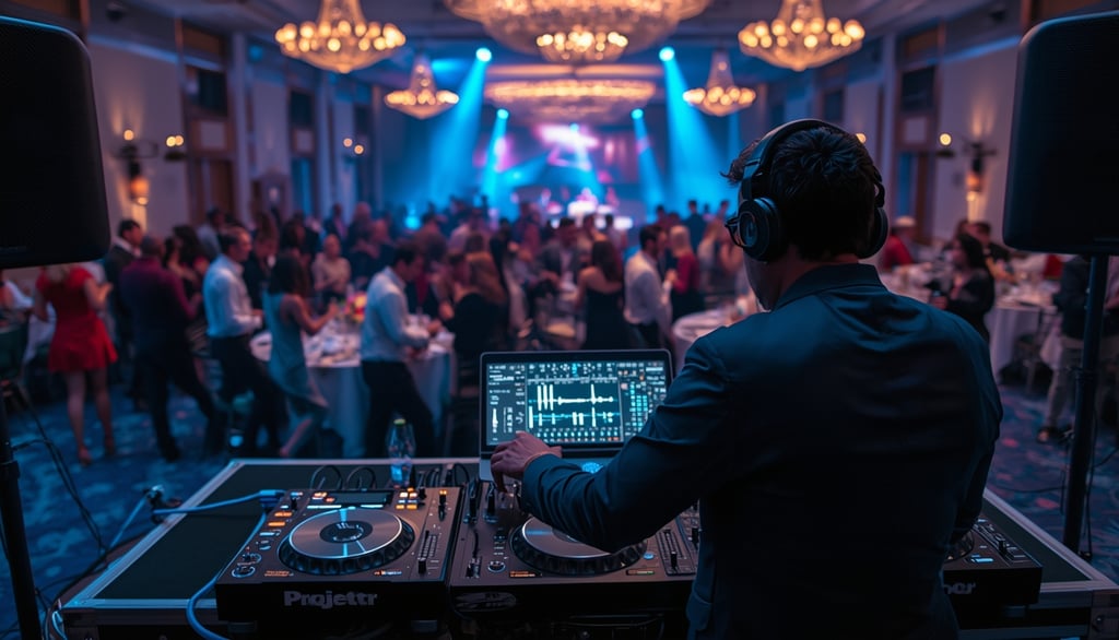 DJ profissional atuando em evento corporativo com pista elegante e iluminação moderna