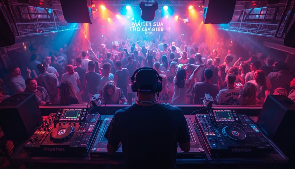 DJ profissional tocando set de Hip Hop, Reggae e Afrobeats com pista cheia e luzes vibrantes