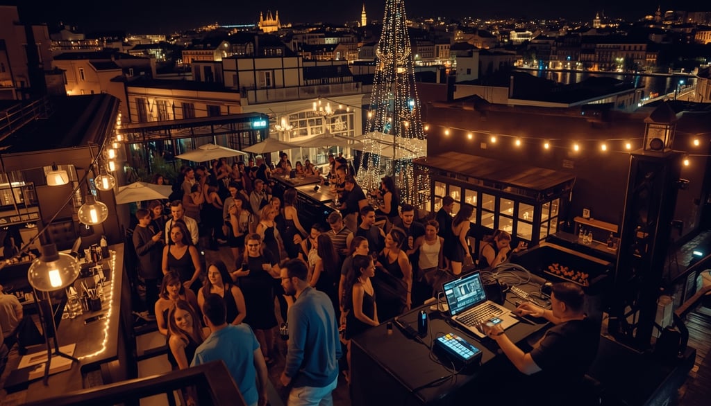 Cena noturna em bares do Porto com DJ tocando para público animado