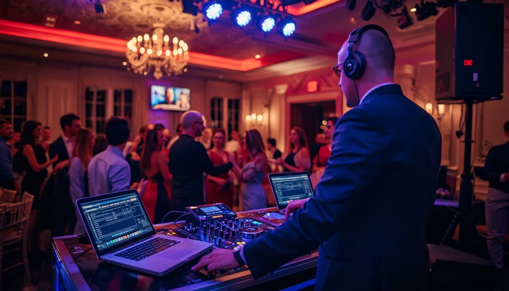 DJ profissional tocando em festa privada com convidados dançando e iluminação moderna