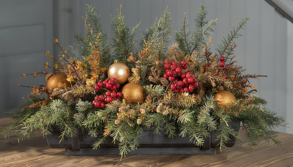 A festive winter porch planter featuring evergreens, painted branches, and refreshed pine cones.