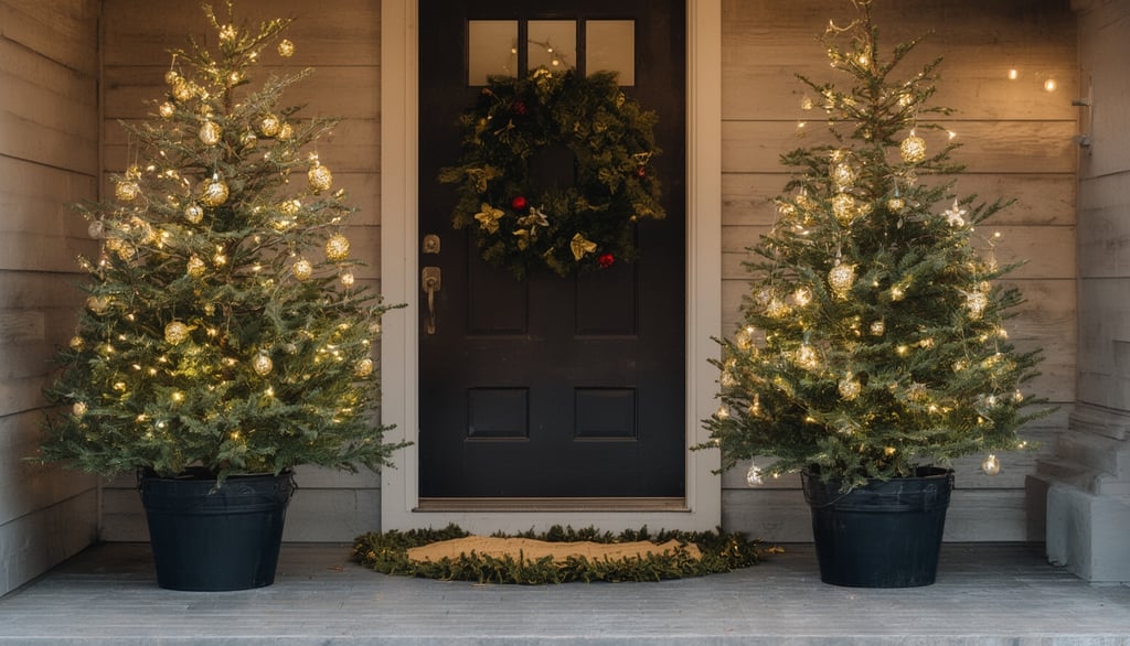 Two symmetrical Dollar General Christmas porch trees decorated with gold ornaments, bows, and a gree