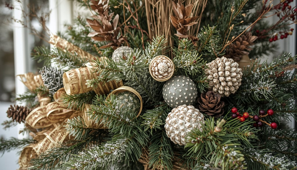 Holiday porch arrangement featuring conifers, white-painted branches, and silver-tinted pine cones i