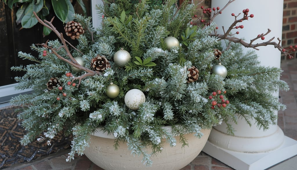 A winter porch planter filled with evergreens, painted branches, and refreshed pine cones for a fest
