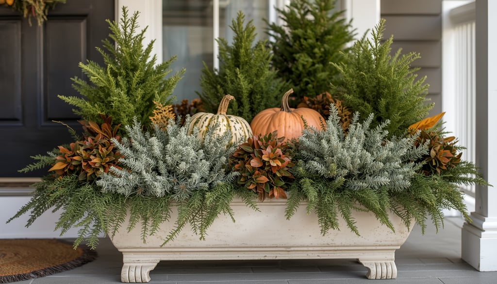An autumn porch planter featuring warm-toned foliage, dried branches, and natural pine cones arrange