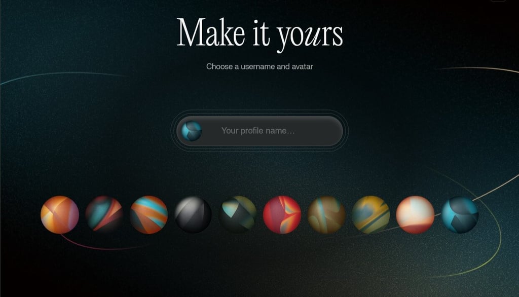 Comet browser profile customization screen with username and avatar selection